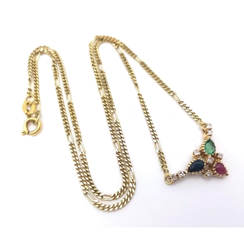 334 - A PRETTY 14K YELLOW GOLD DIAMOND, SAPPHIRE, RUBY & EMERALD PENDANT ON FIGARO CHAIN, WEIGHT 5.8G