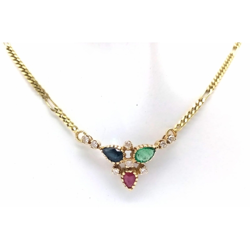 334 - A PRETTY 14K YELLOW GOLD DIAMOND, SAPPHIRE, RUBY & EMERALD PENDANT ON FIGARO CHAIN, WEIGHT 5.8G