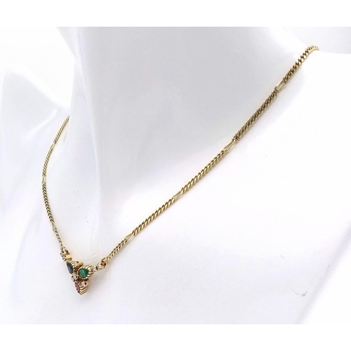 334 - A PRETTY 14K YELLOW GOLD DIAMOND, SAPPHIRE, RUBY & EMERALD PENDANT ON FIGARO CHAIN, WEIGHT 5.8G