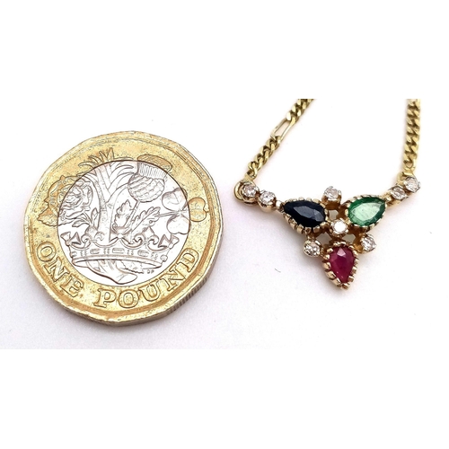 334 - A PRETTY 14K YELLOW GOLD DIAMOND, SAPPHIRE, RUBY & EMERALD PENDANT ON FIGARO CHAIN, WEIGHT 5.8G