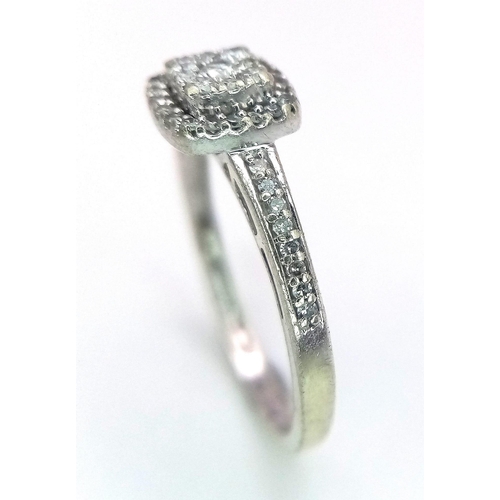 404 - 9K WHITE GOLD DIAMOND RING, APPROX 0.19CT DIAMONDS, WEIGHT 1.6G SIZE J