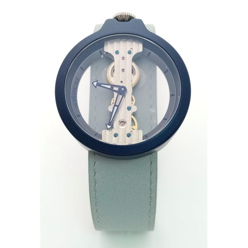 621 - A VERTICALE unisex skeleton watch, dark blue case 42 mm, original grey/blue leather strap (unused), ... 