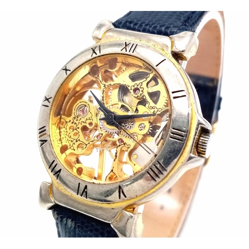 949 - A VERY INTERESTING DOUBLE SKELETON LADIES WATCH OF FRENCH ORIGINS ON A LEATHER STRAP .32mm