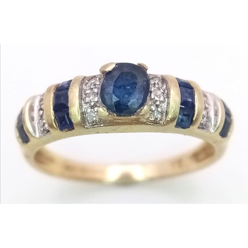 348 - 14K YELLOW GOLD DIAMOND & SAPPHIRE RING, WEIGHT 2.7G SIZE L