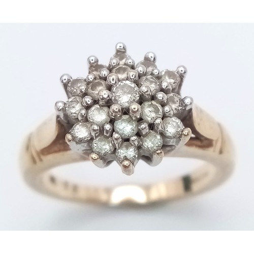 383 - A 9K YELLOW GOLD DIAMOND CLUSTER RING, APPROX 0.50CT DIAMONDS, WEIGHT 4.7G SIZE J 1/2