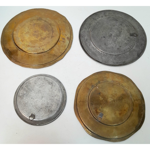 1297 - 4 PERSIAN PEWTER AND BRASS  ANTIQUE PLATES .