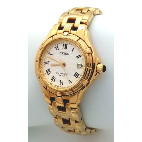 667 - A Vintage Seiko Gold Plated Quartz Ladies Watch. Case - 26mm. White dial with date window. In workin... 