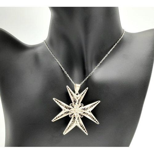 781 - A Vintage 917 Silver, Filigree Maltese Cross Pendant Necklace. Pendant Measures 4.5cm Wide and is on... 