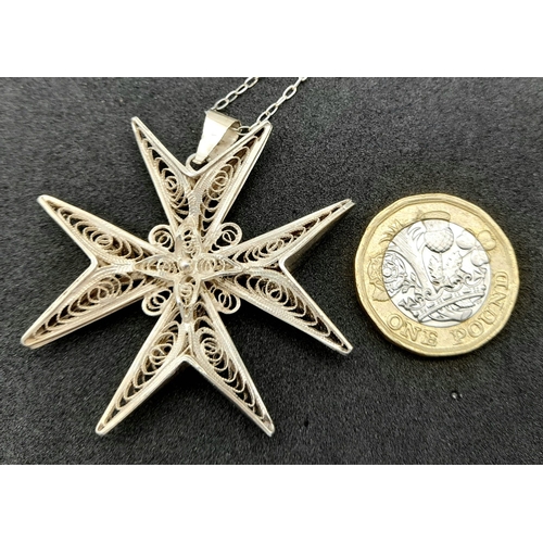 781 - A Vintage 917 Silver, Filigree Maltese Cross Pendant Necklace. Pendant Measures 4.5cm Wide and is on... 