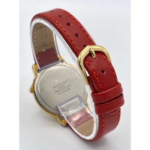 864 - A Lorus Quartz Mickey Mouse Watch. Red leather strap. Gilded case - 34mm. Mickey dial. In working or... 