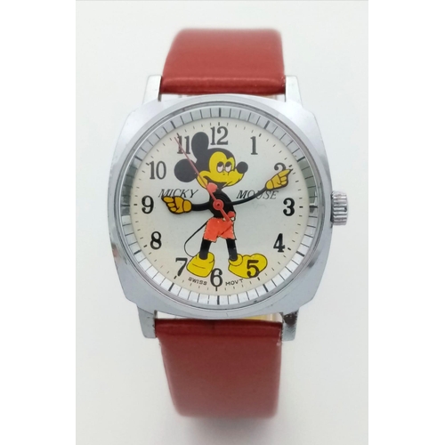 900 - A Vintage Mickey Mouse Mechanical Watch. Red leather strap. Stainless steel case - 32mm. Mickey dial... 