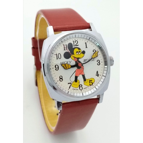 900 - A Vintage Mickey Mouse Mechanical Watch. Red leather strap. Stainless steel case - 32mm. Mickey dial... 