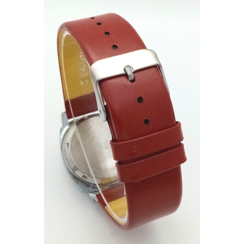 900 - A Vintage Mickey Mouse Mechanical Watch. Red leather strap. Stainless steel case - 32mm. Mickey dial... 