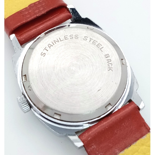 900 - A Vintage Mickey Mouse Mechanical Watch. Red leather strap. Stainless steel case - 32mm. Mickey dial... 