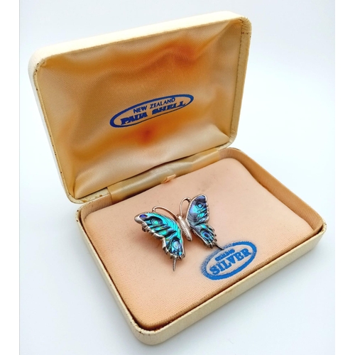 941 - A Vintage New Zealand Made Sterling Silver Paua Shell Butterfly Brooch in its Presentation Box. 3.5c... 