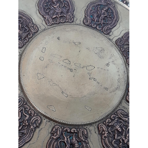 1032 - VINTAGE INDIAN BRASS WITH COPPER INLAY TRAY FEATURING MANY HINDU GODS .   50cms DIAMETER