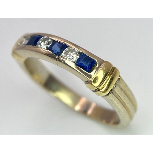 642 - An 18 K yellow gold ring with alternating blue sapphires and diamonds. Size: K, weight: 3.2 g.