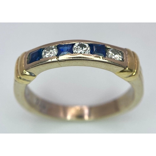 642 - An 18 K yellow gold ring with alternating blue sapphires and diamonds. Size: K, weight: 3.2 g.