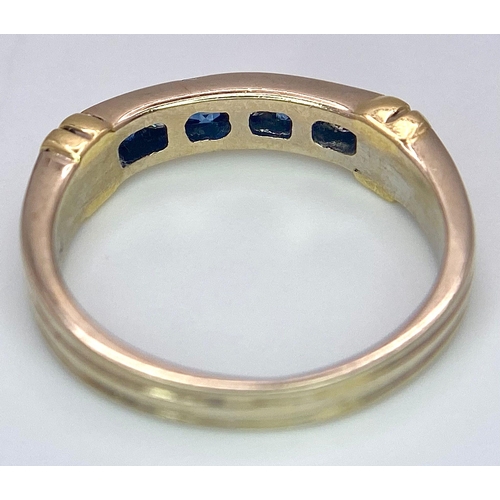 642 - An 18 K yellow gold ring with alternating blue sapphires and diamonds. Size: K, weight: 3.2 g.