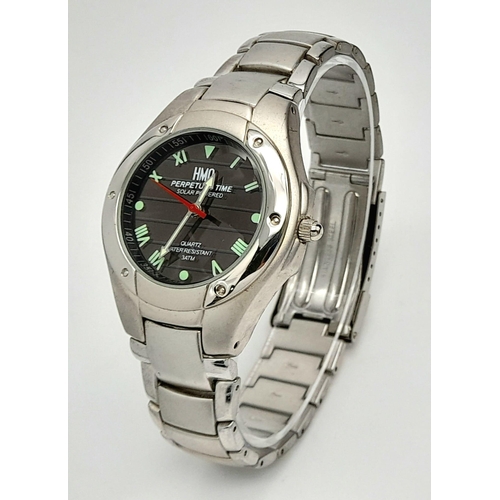 733 - A Men’s Solar Powered Stainless Steel Watch by HMO. 40mm Case. Full Working Order. Comes Boxed.