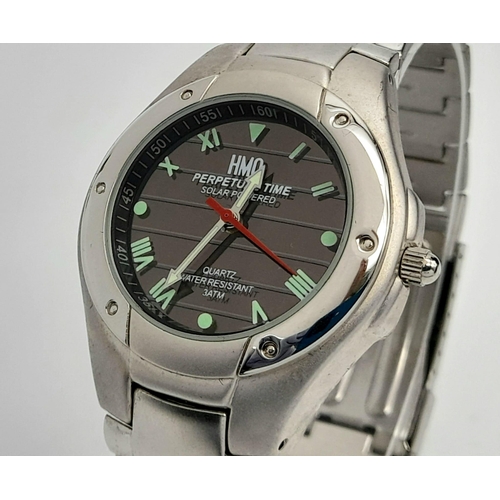 733 - A Men’s Solar Powered Stainless Steel Watch by HMO. 40mm Case. Full Working Order. Comes Boxed.