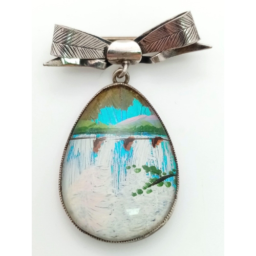 858 - A Vintage Hand Painted Sterling Silver Bow Brooch. 4cm Length. The Pendant of the Brooch is very nic... 