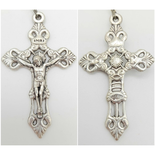 955 - An Italian Silver Tone Cross and Rosary Necklace by Capriotti, Vaticano. 30cm Length plus 17cm from ... 