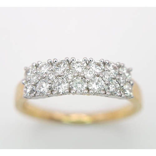 502 - 18K YELLOW GOLD DIAMOND DOUBLE ROW RING, APPROX 0.85CT DIAMONDS, WEIGHT 3.2G SIZE M