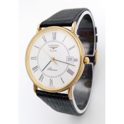 520 - A very elegant, slimline, 9 K yellow gold, LONGINES - PRESENCE watch, 32 mm case, white dial with Ro... 