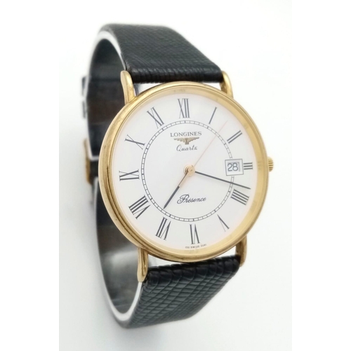 520 - A very elegant, slimline, 9 K yellow gold, LONGINES - PRESENCE watch, 32 mm case, white dial with Ro... 