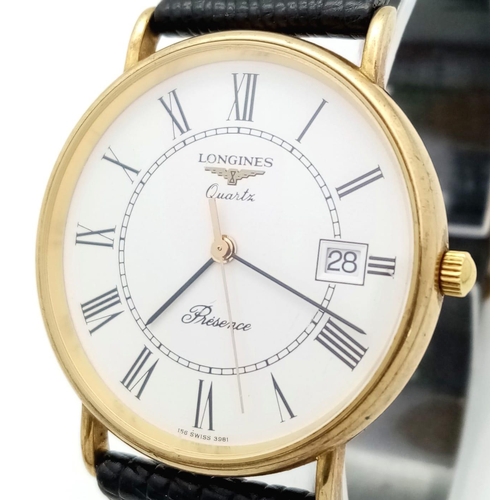 520 - A very elegant, slimline, 9 K yellow gold, LONGINES - PRESENCE watch, 32 mm case, white dial with Ro... 