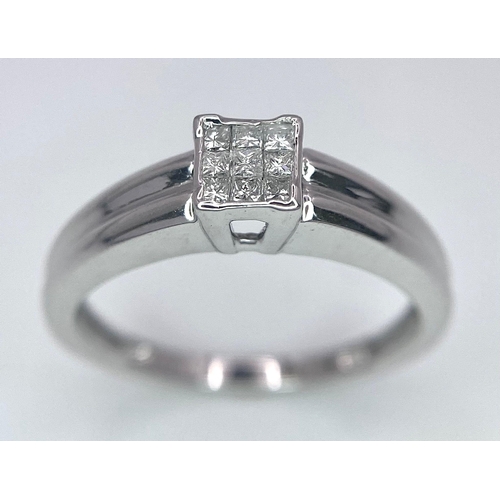 629 - 9K WHITE GOLD DIAMOND RING, APPROX 0.18CT DIAMONDS, WEIGHT 1.9G SIZE K