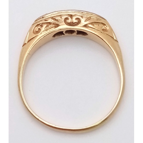 635 - An antique yellow gold (tests 18 K) ring with  a band of five old cut diamonds resting on a hand-car... 