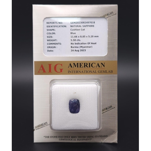 647 - A 5.58ct Rare Burmese Untreated Blue Sapphire Gemstone. Comes with an AIG certificate. Ref: ZK010