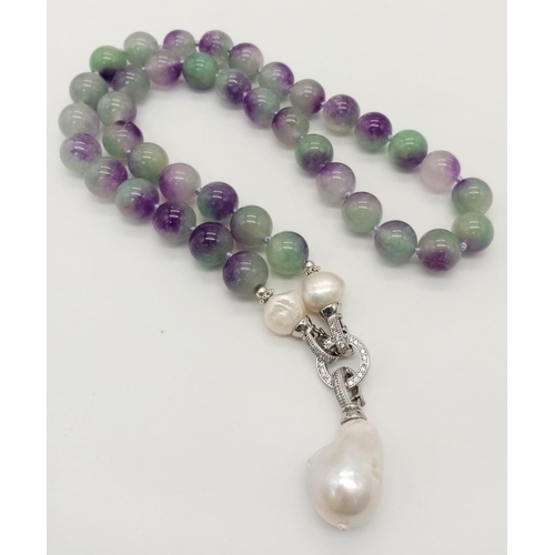 668 - A Multicolour Watermelon Jade Bead Necklace with a Keisha Pearl Pendant -4.5cm with white stone deco... 