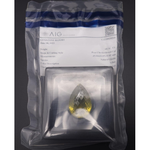 688 - A 68.16ct Lemon Quartz Gemstone.  AIG Milan Sealed and Certified. Ref: ZK007