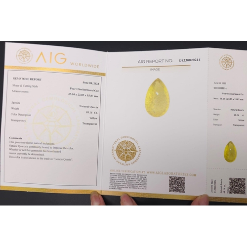 688 - A 68.16ct Lemon Quartz Gemstone.  AIG Milan Sealed and Certified. Ref: ZK007