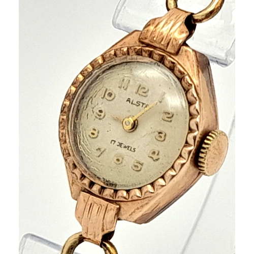 716 - A Vintage 14K Gold Cased Alsta Ladies Mechanical Watch. Gold plated expandable bracelet. 14k gold ca... 