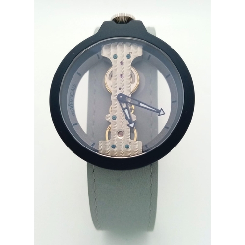 740 - A VERTICALE unisex skeleton watch, black case 42 mm, original grey/blue leather strap (unused), auto... 