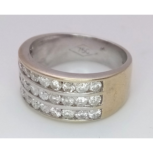 747 - A well made 18 K yellow gold ring with three channels filled with round cut diamonds. Size: H, weigh... 