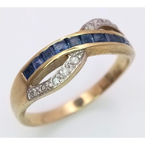 762 - 9K YELLOW GOLD DIAMOND AND SAPPHIRE TWIST DESIGNED RING, WEIGHT 2.4G SIZE O