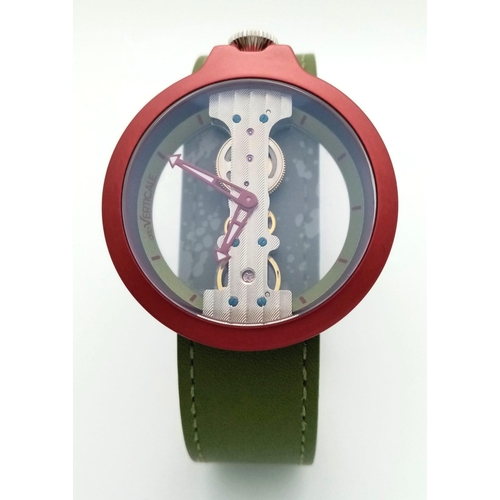 815 - A VERTICALE unisex skeleton watch, burgundy case 42 mm, original green leather strap (unused), autom... 