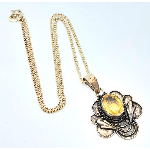 1005 - A Sterling Silver, Art Deco Designed, Citrine Set Pendant Necklace. 41cm Length Sterling Silver Chai... 