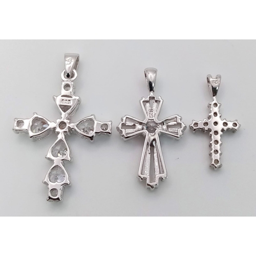 1036 - 3 X STERLING SILVER STONE SET CROSSES PENDANTS, WEIGHT 8.1G, SEE PHOTOS FOR DETAILS