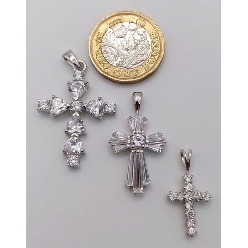 1036 - 3 X STERLING SILVER STONE SET CROSSES PENDANTS, WEIGHT 8.1G, SEE PHOTOS FOR DETAILS