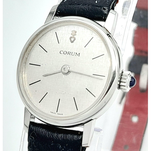 513 - A vintage, CORUM ladies watch, 19 mm stainless steel case and back, blue spinel on winder, Swiss mad... 