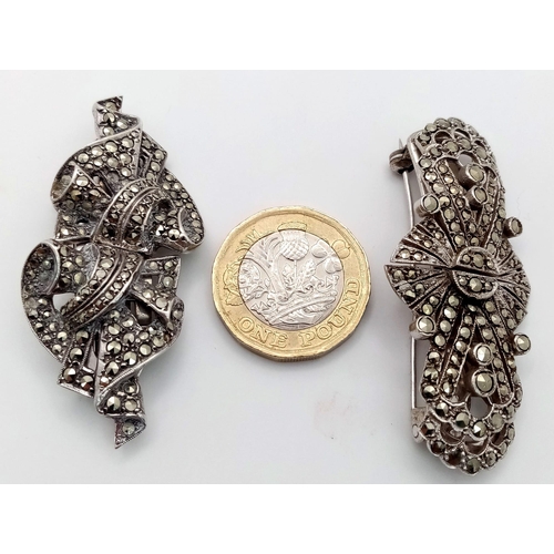 675 - Two Silver and Marcasite Art Deco Style Brooches. Can be worn as a one piece or two piece clip-on. B... 