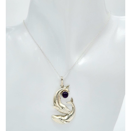 830 - A Unique Vintage Sterling Silver and Amethyst ‘Blue Whale’ Design Pendant Necklace. The Pendant Meas... 