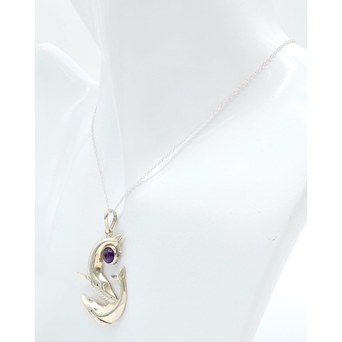 830 - A Unique Vintage Sterling Silver and Amethyst ‘Blue Whale’ Design Pendant Necklace. The Pendant Meas... 