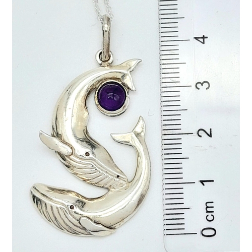 830 - A Unique Vintage Sterling Silver and Amethyst ‘Blue Whale’ Design Pendant Necklace. The Pendant Meas... 